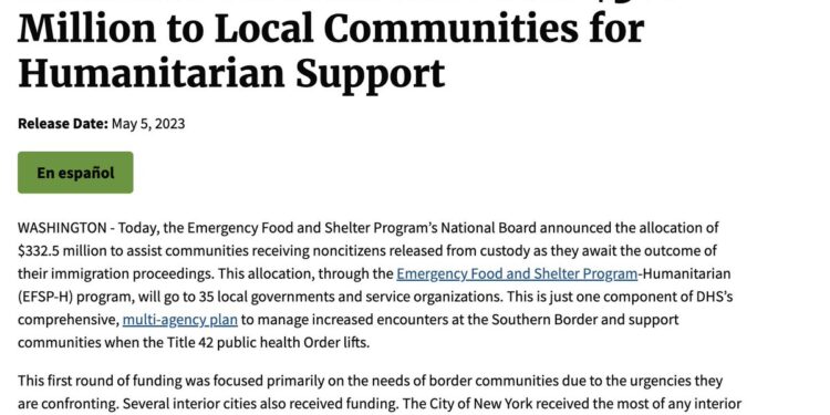 Daniel Baldwin (@baldwin_daniel_): “Joe Biden’s DHS announced it was allocating $332.5 million to local governments and service organizations to support illegal aliens. This is in preparation of Title 42 ending. Biden is not interested in expelling illegal migrants. He welcomes and accommodates them.”