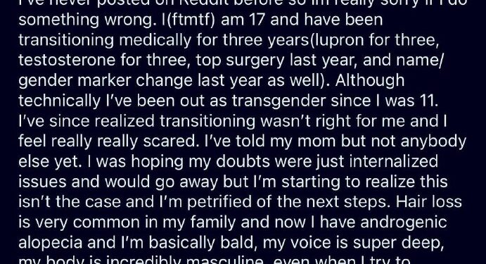 At age 11, this girl believed she was trans. At 14, doctors gave her puberty blockers and testosterone. They cut off her…