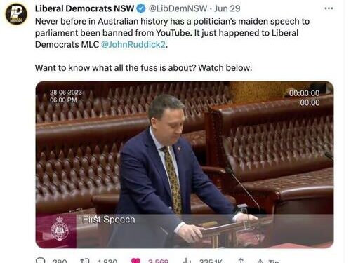 YouTube Censors Australian Politician’s Maiden Speech To Parliament